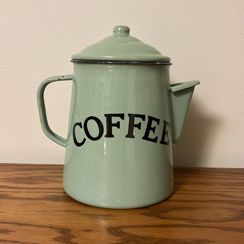 Reproduction Vintage Looking Green Enamel Coffee Pot. Decorative only